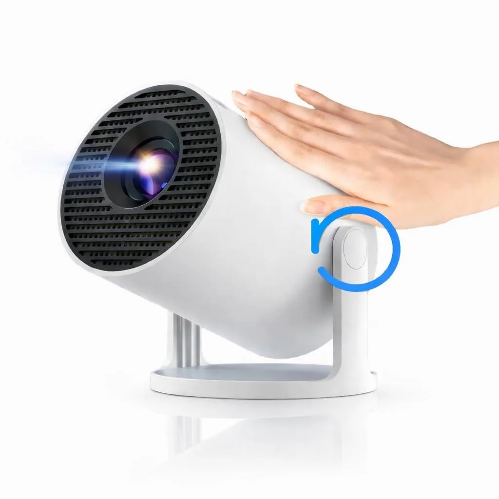Compact rectangular projector with matte white finish and 270° rotatable lens