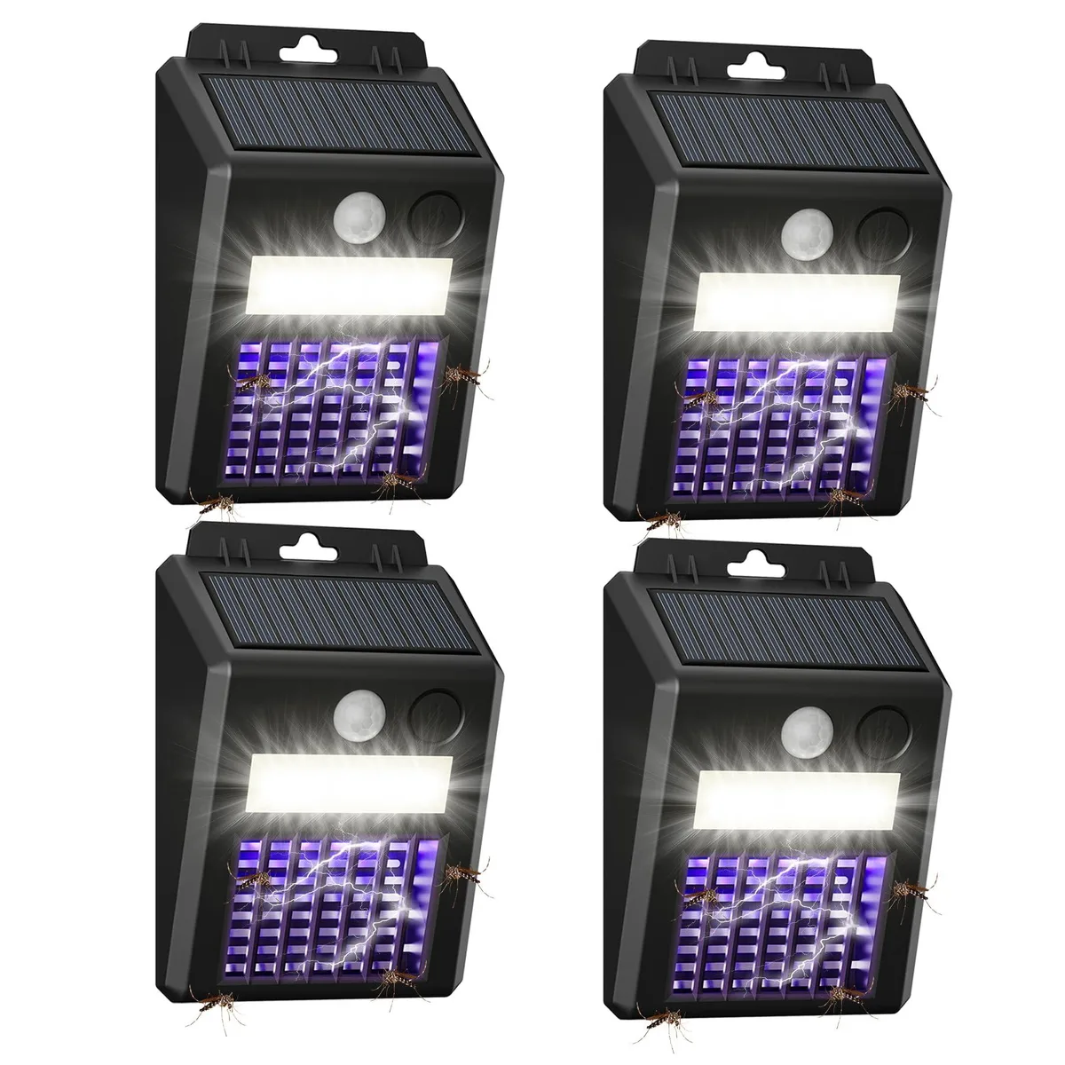 Four black solar bug zappers rectangular with solar panels on top