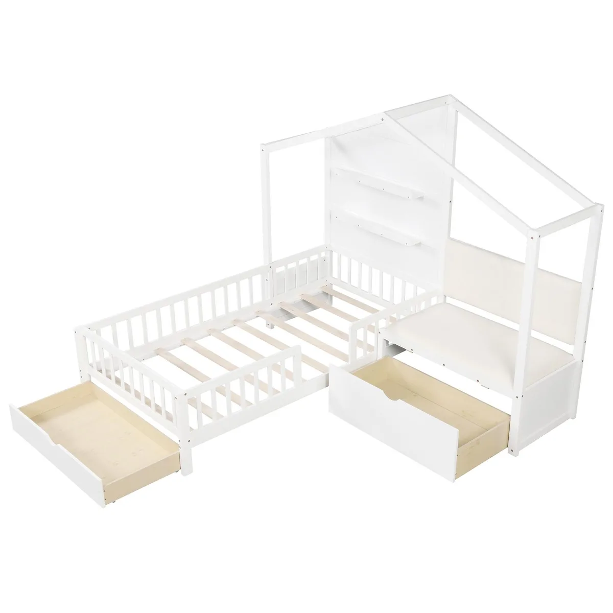 SlickBlue SlickBlue House Bed Kids Platform Bed with Padded Bench Twin White — product photo