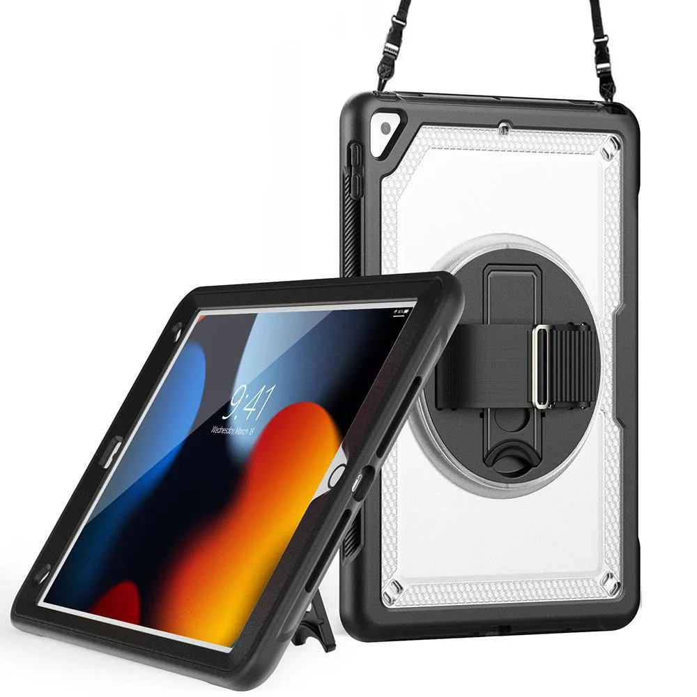 Clear rugged case for 10.2 inch iPad with rotating kickstand, hand strap, shoulder strap and pencil holder