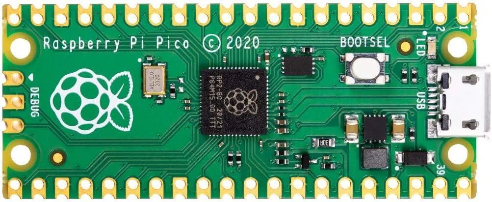 Small green circuit board with castellated edges, a micro-USB port, and two rows of pin headers