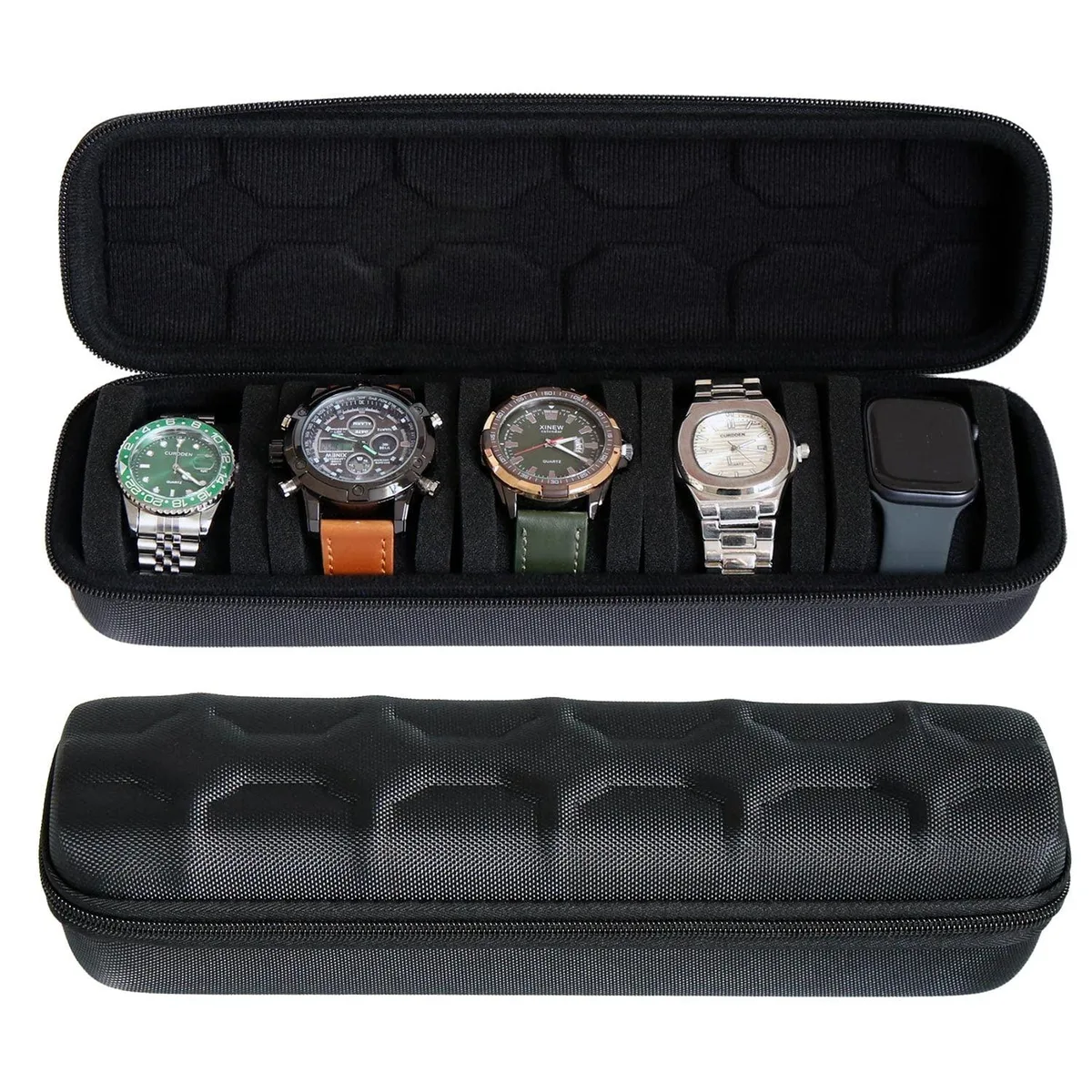 Black rectangular watch case with handle, nylon exterior and velvet interior, five padded slots