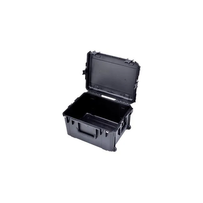 Black plastic waterproof case with wheels and telescoping handle