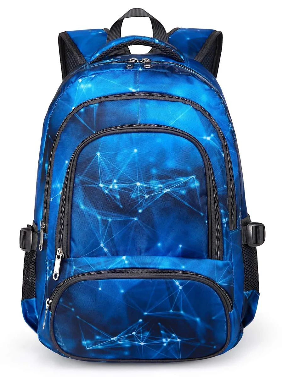 Azure-blue polyester daypack with star pattern, padded straps, top handles, 17x12x6 inches
