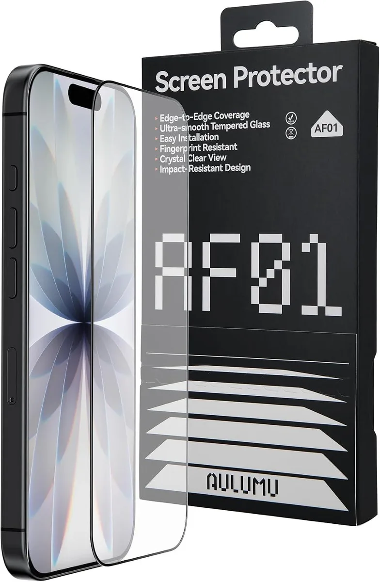 Clear tempered glass screen protector in eco-friendly installation box for iPhone 16 Pro and 17