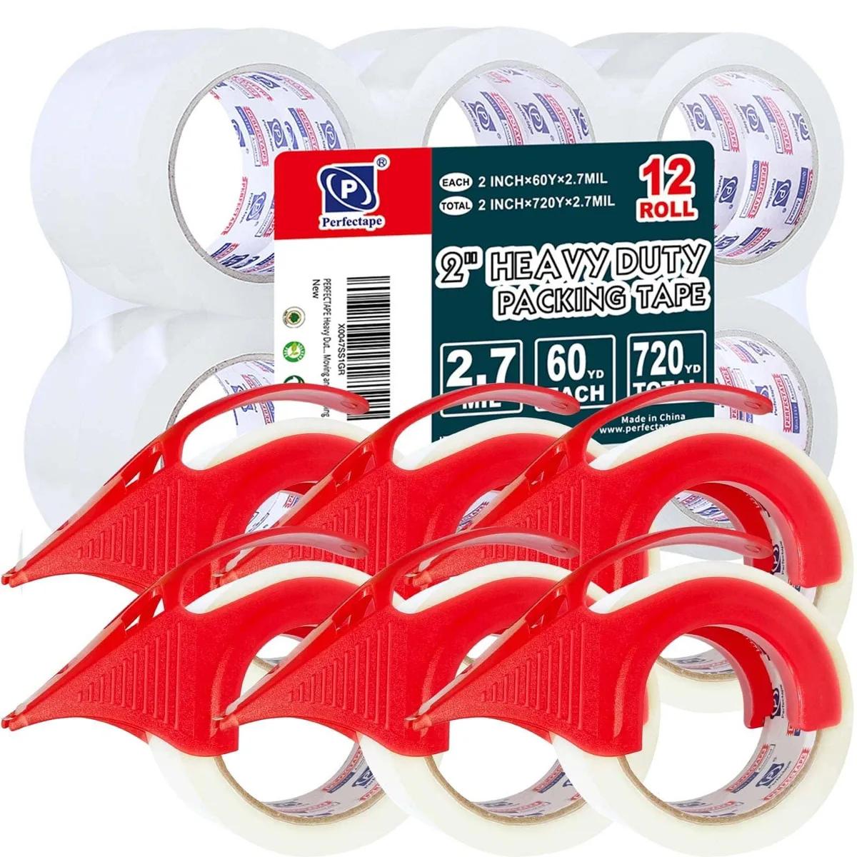  P PERFECTAPE PTCL4860Y7012-6D Heavy Duty Packing Tape 12 Rolls 1.88" x 60Y 2.7 mil 6 Dispensers — product photo