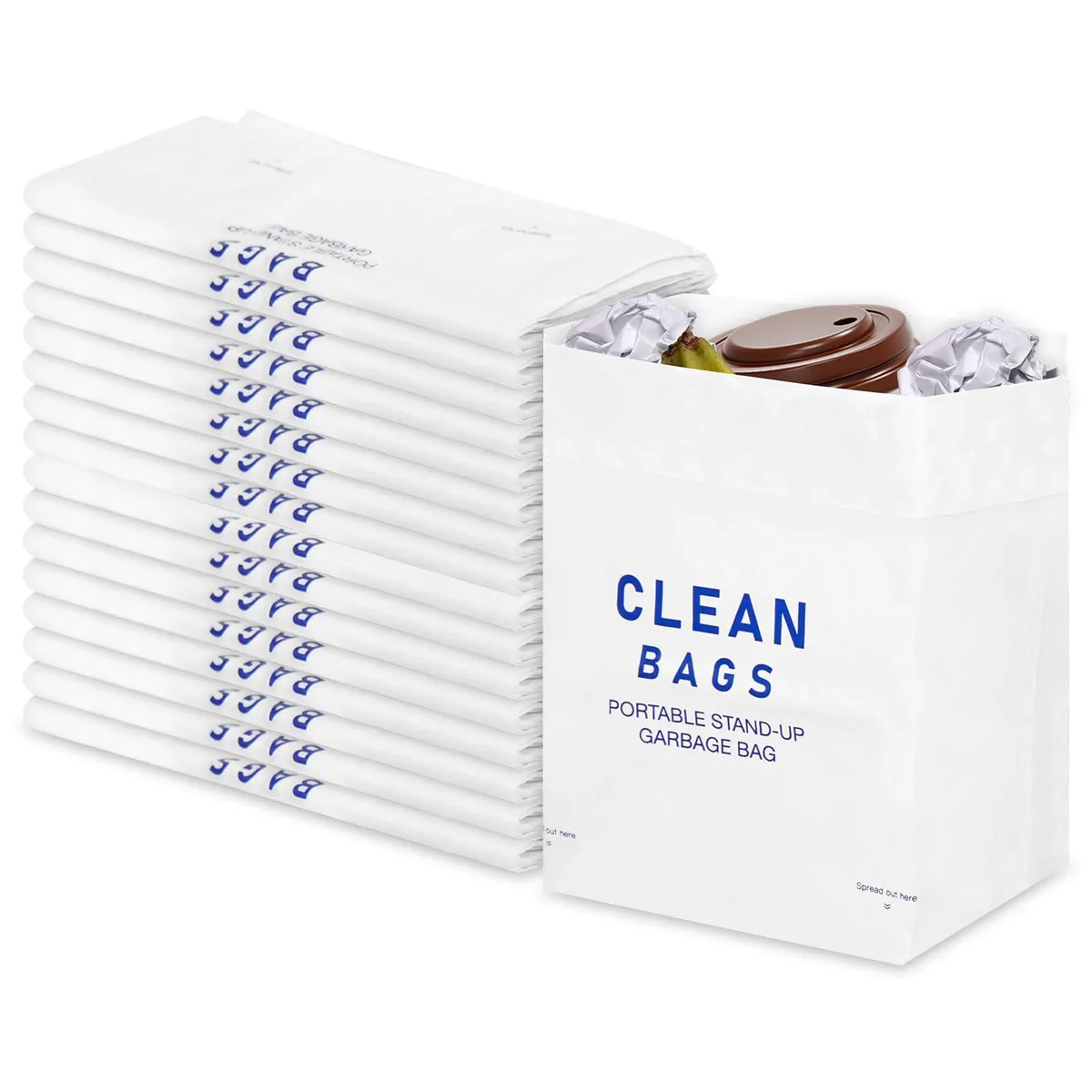 Flat stack of white polypropylene disposable bags, adhesive backing visible, 60 count
