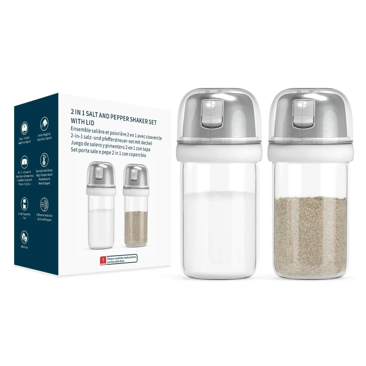 Clear cylindrical glass shaker with side pour spout and white measuring lid, 4oz capacity