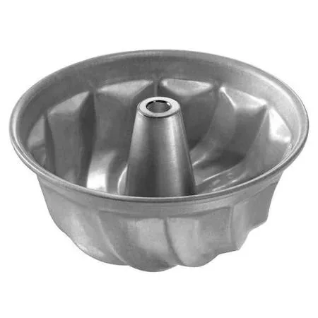 Silver fluted Bundt cake pan with glazed finish, 15 gauge aluminized steel, 6 1/2 inch diameter, 3 3/8 inch depth, 36 oz capacity