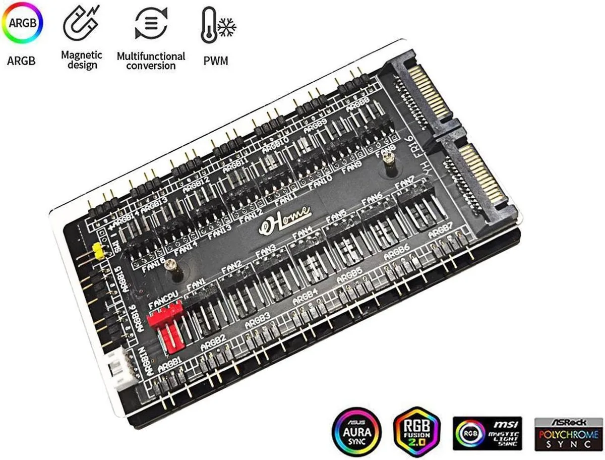 Vszerda Vszerda 12V 4Pin PWM &amp; 5V 3Pin ARGB 2-in-1 16 Way Hub with SATA 15Pin Power - Black internal power cable — product photo