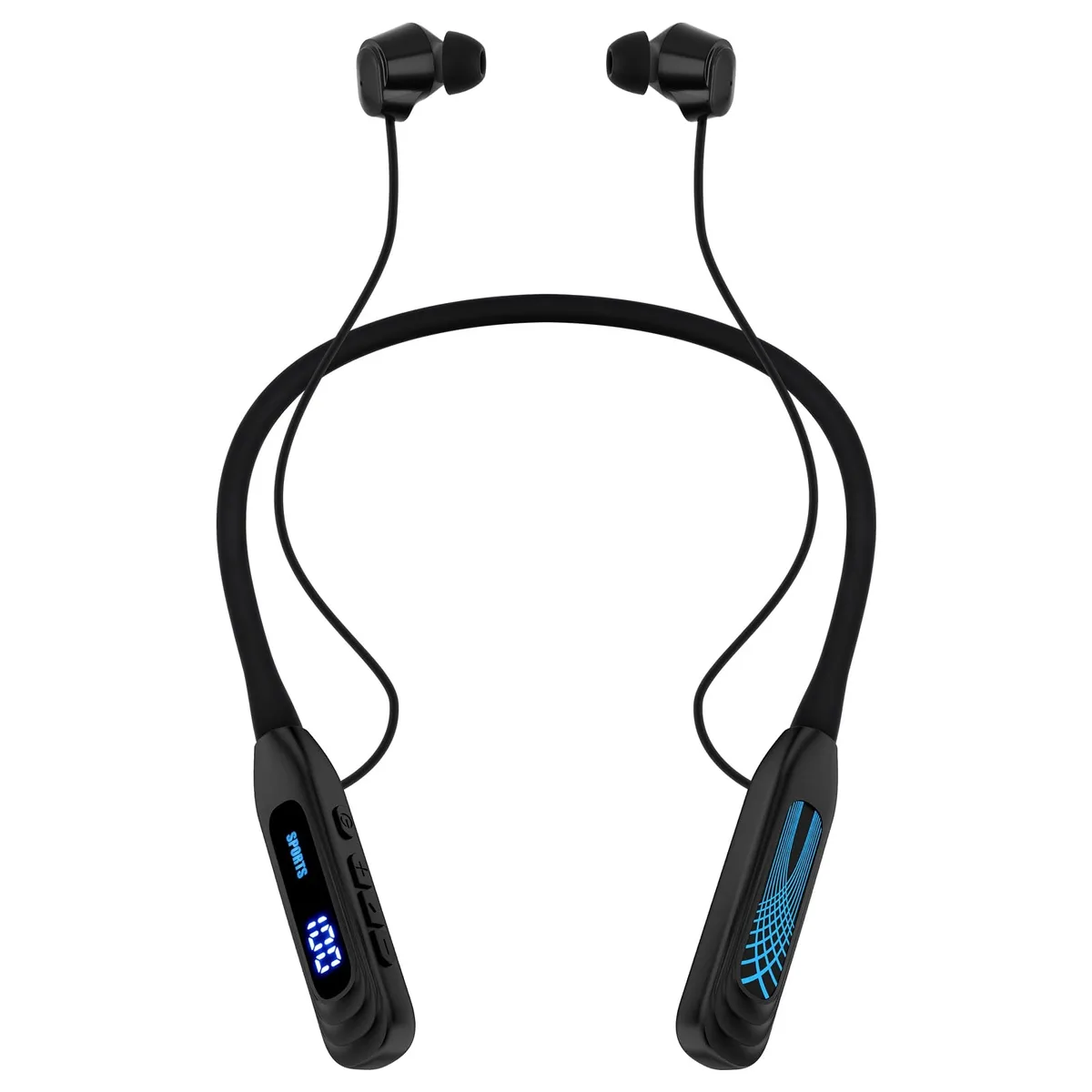 Black neckband headset with magnetic in-ear buds and battery display