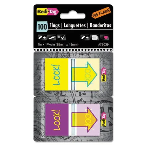 Pop-up page flag dispenser with purple yellow and yellow teal flags 100 pack