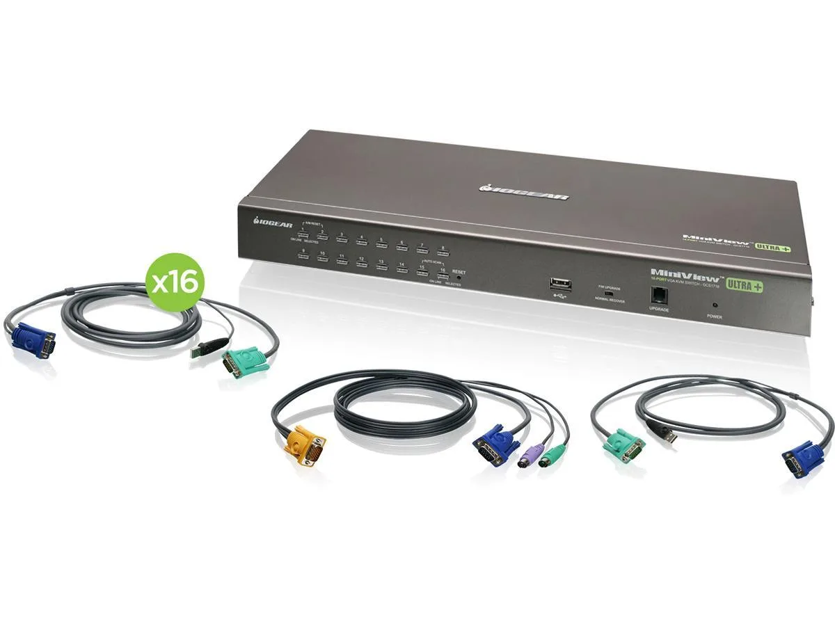 Rack-mountable metal KVM switch, 17 inch wide, 16 yellow SPHD-15 ports, one yellow SPHD-18 port, USB 1.1 Type A and DC jack
