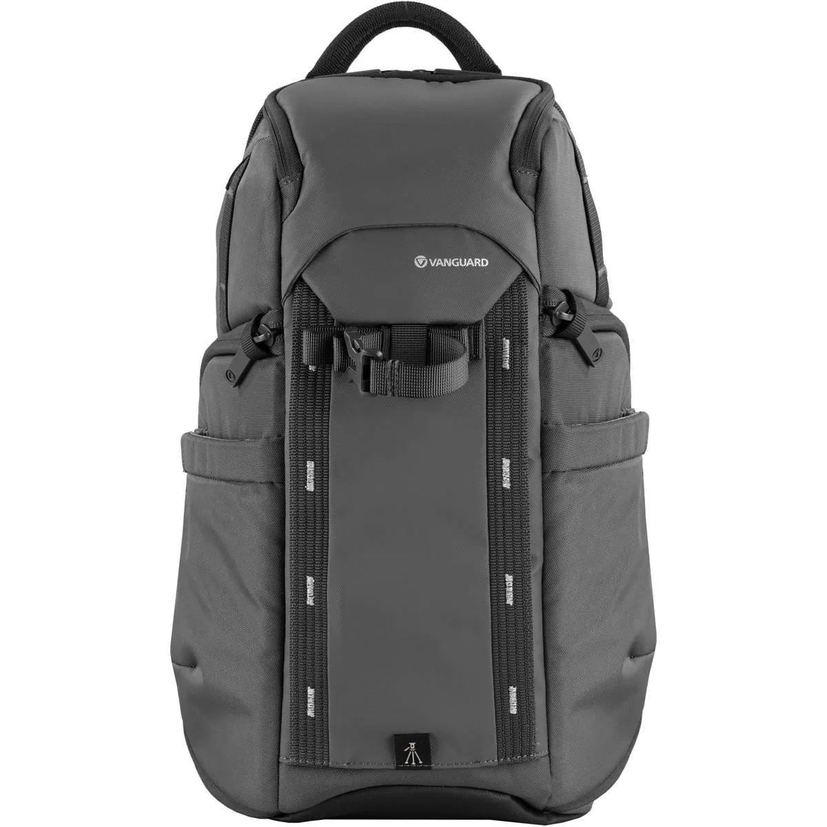 Gray soft-sided camera backpack with front tripod straps and side zipper access