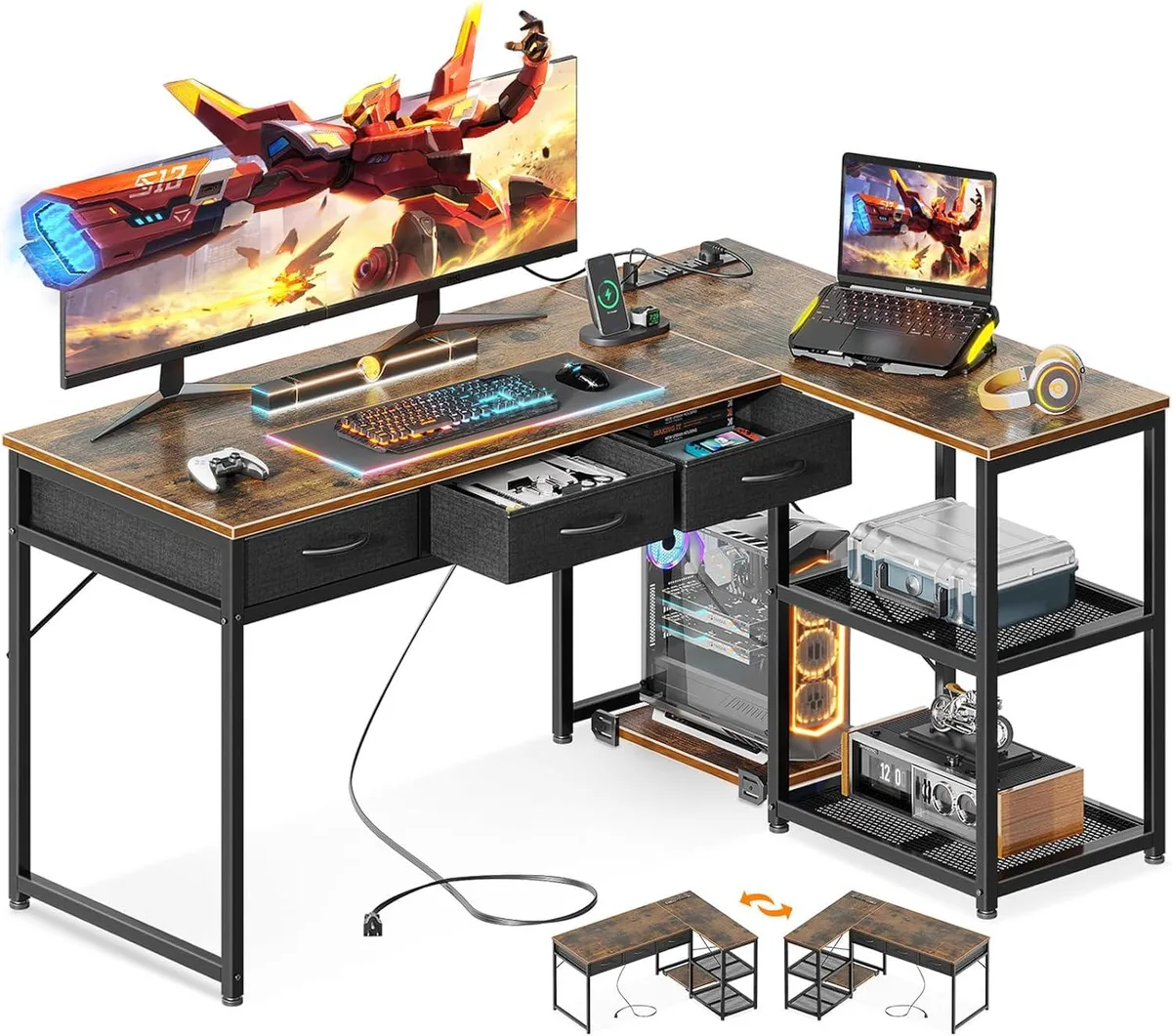 BFKK BFKK 53" L-Shaped Desk with Drawers, USB Ports, Vintage — product photo