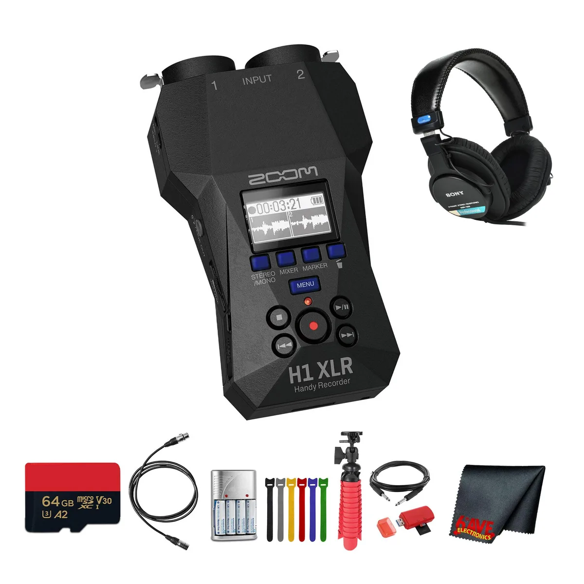 Zoom Zoom H1 XLR 32-bit float recorder + MDR-7506 headphones bundle — product photo