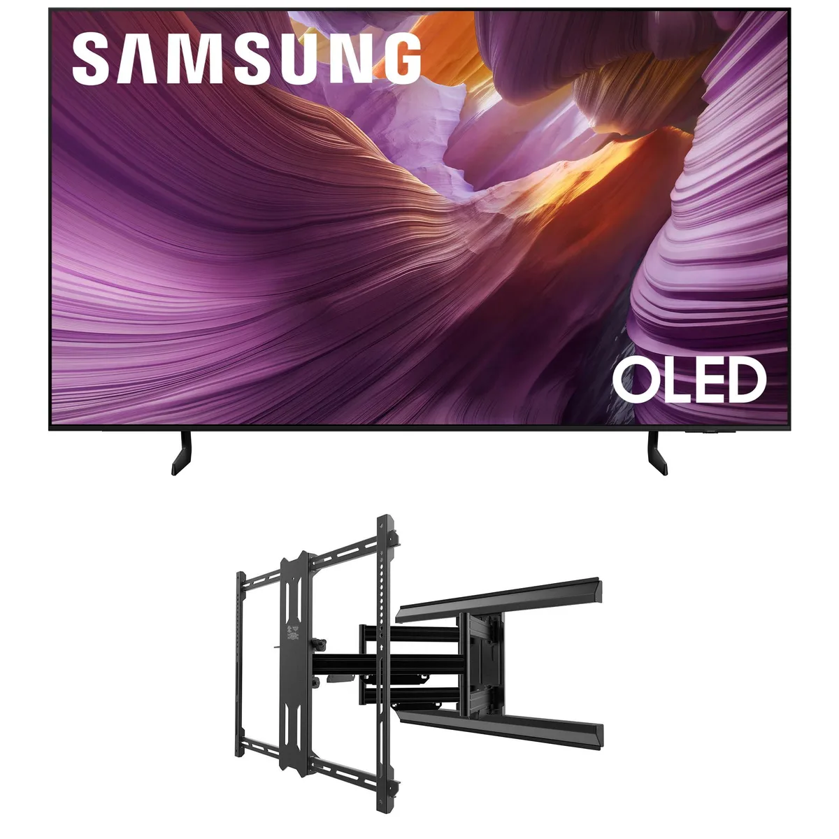 A 77 inch Graphite Black OLED TV on a full motion wall mount