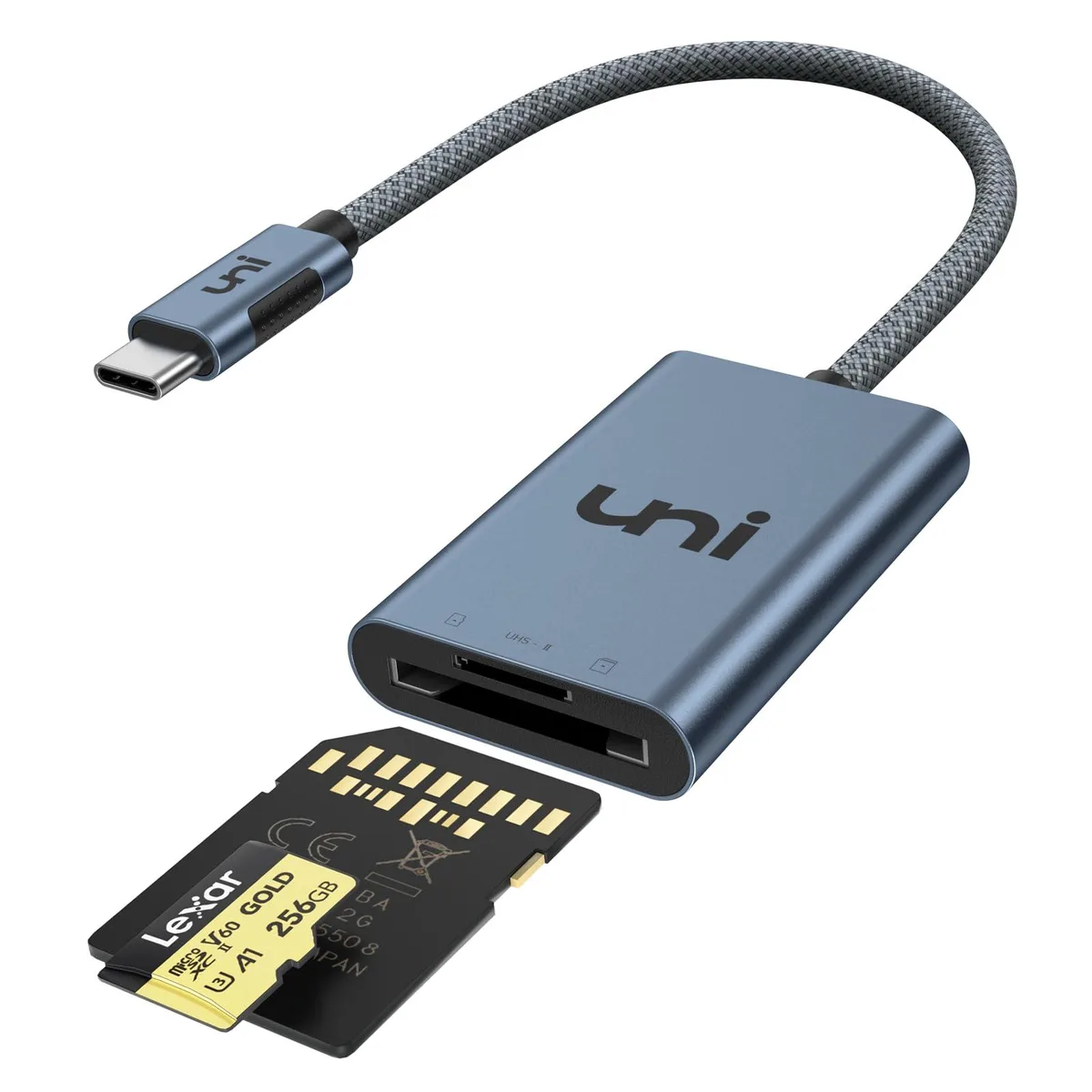 Midnight blue aluminium card reader with USB-C cable and dual SD slots