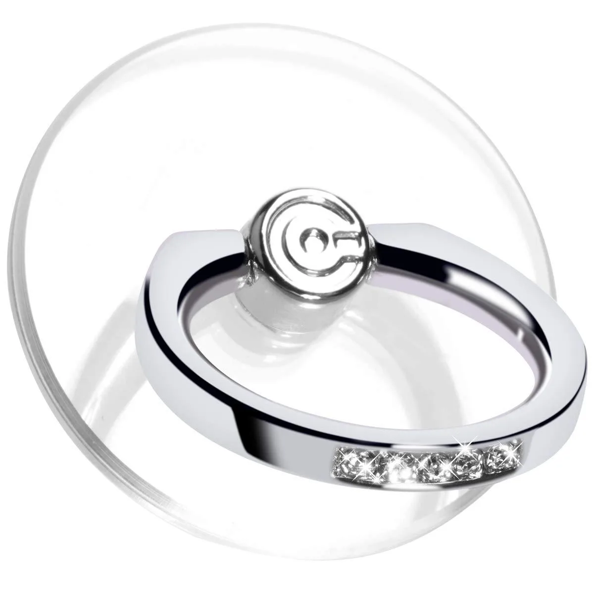 Transparent silver ring grip with rhinestones, adhesive back, 36 mm diameter
