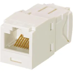 Off-white RJ45 keystone jack, rectangular plastic body with side latch, front port and rear punch-down slots