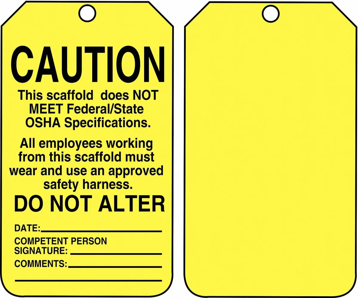 Pack of 25 rectangular cardstock caution tags with mounting holes
