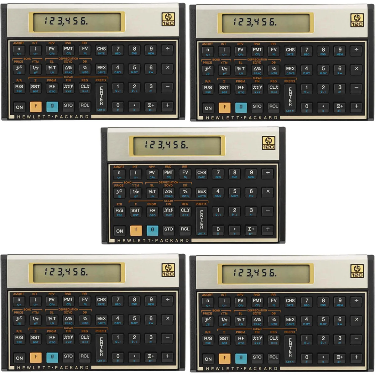 Five HP 12c financial calculators, silver and gold, horizontal LCD display, landscape layout