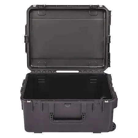 Black rectangular protective case with folding telescoping handle and two wheels