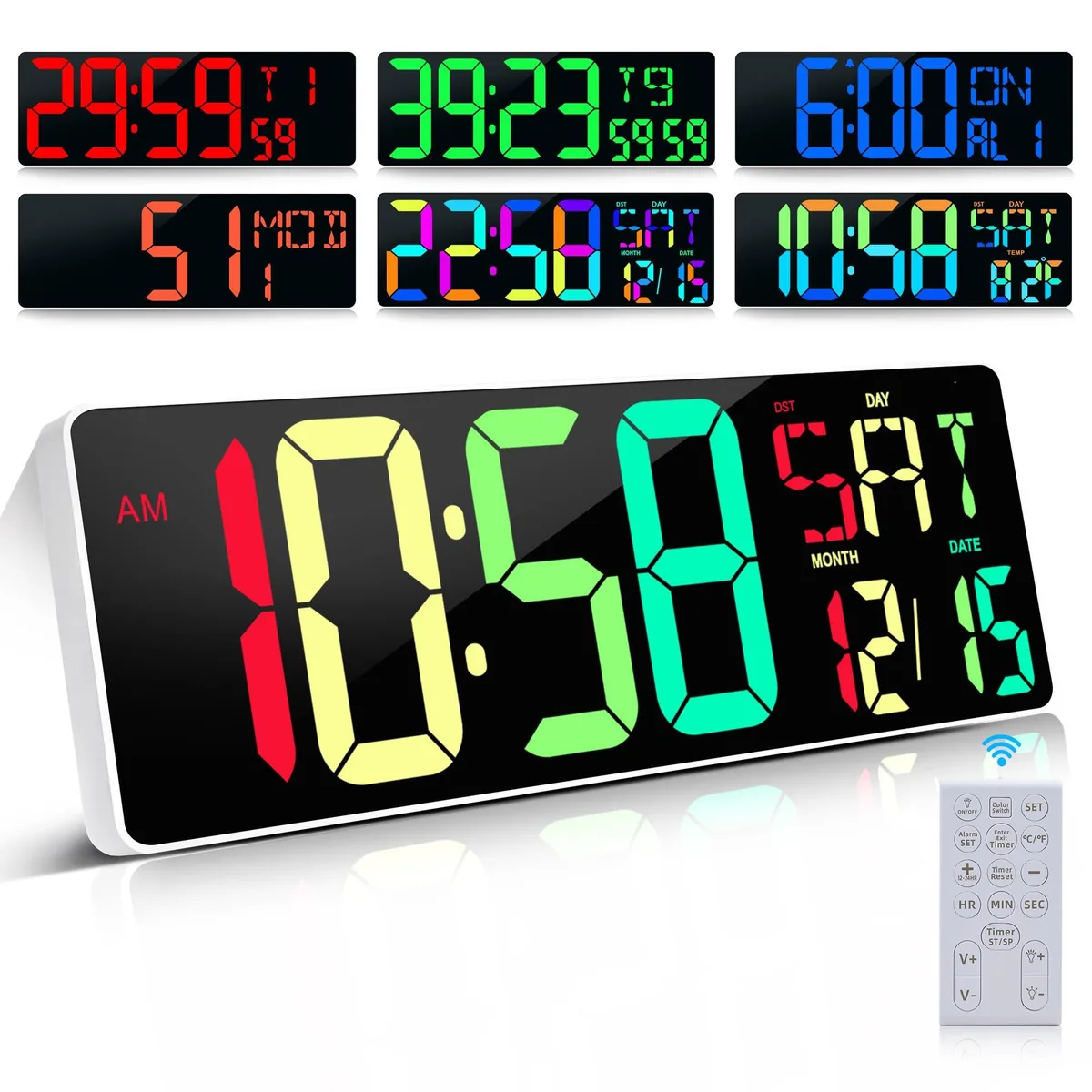 Large 17.2 inch digital wall clock with colour LED display and remote control
