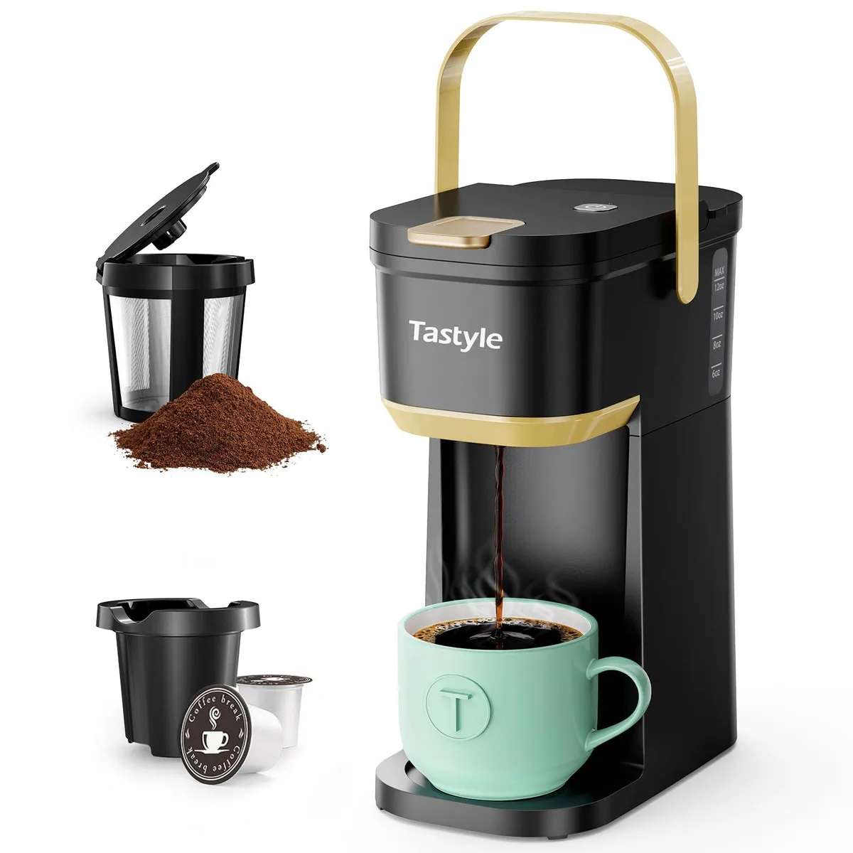  Tastyle K302 single-serve brewer 12 oz Black and Gold — product photo
