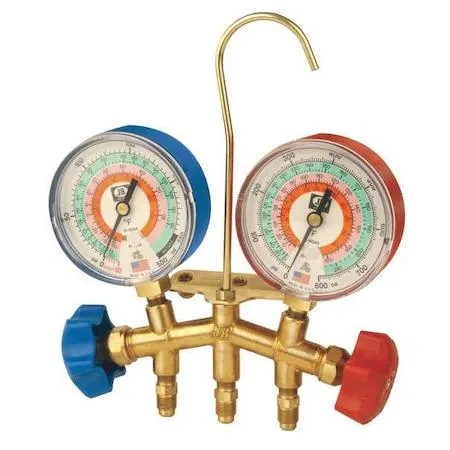 JB Industries M2-25515 manifold gauge set with two brass gauges and hanging hook