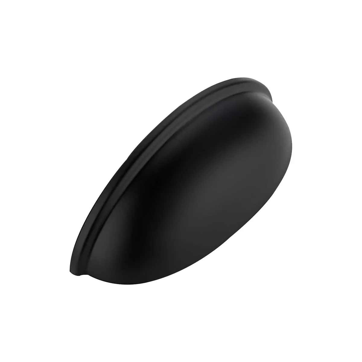 Ten matte black cup drawer pulls with arched handles and flat mounting bases