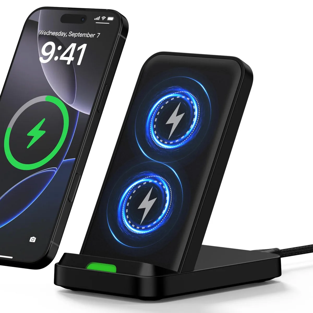 A white wireless charging stand with dual coils, upright design, and a short USB-C cable attached