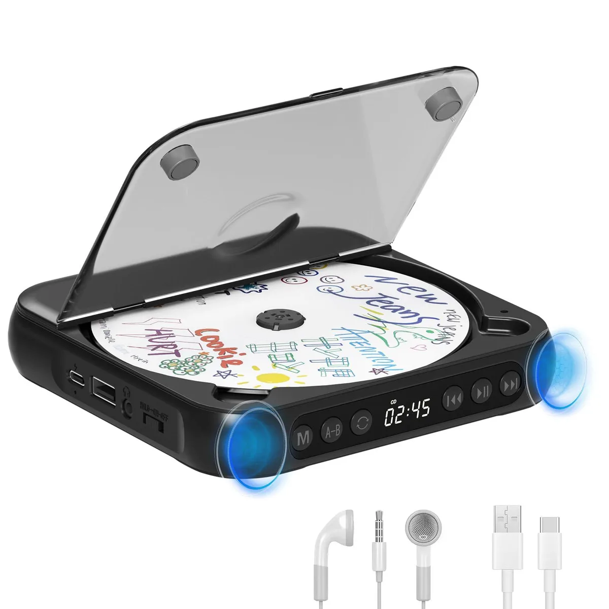  Skyans Portable CD Player Bluetooth 5.3 Rechargeable 2000mAh Black — product photo