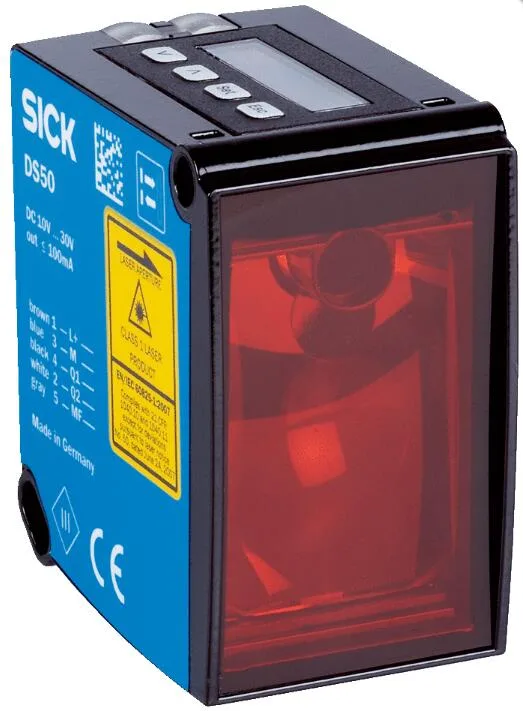 Rectangular zinc die-cast sensor with acrylic window, M12 connector, LC display and two LEDs