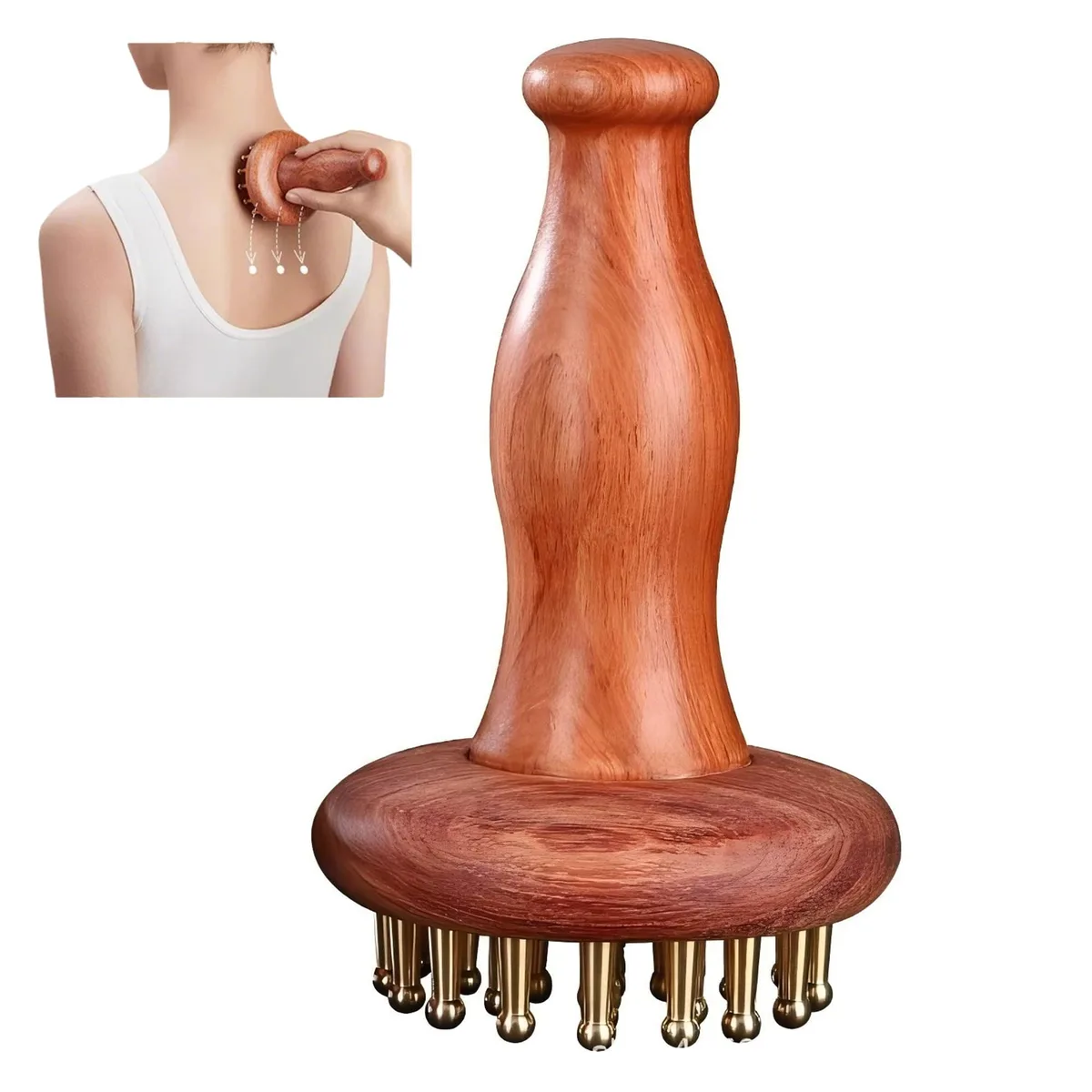 Handheld copper-tooth massager with dark rosewood handle, 29 brass nodes on a square head