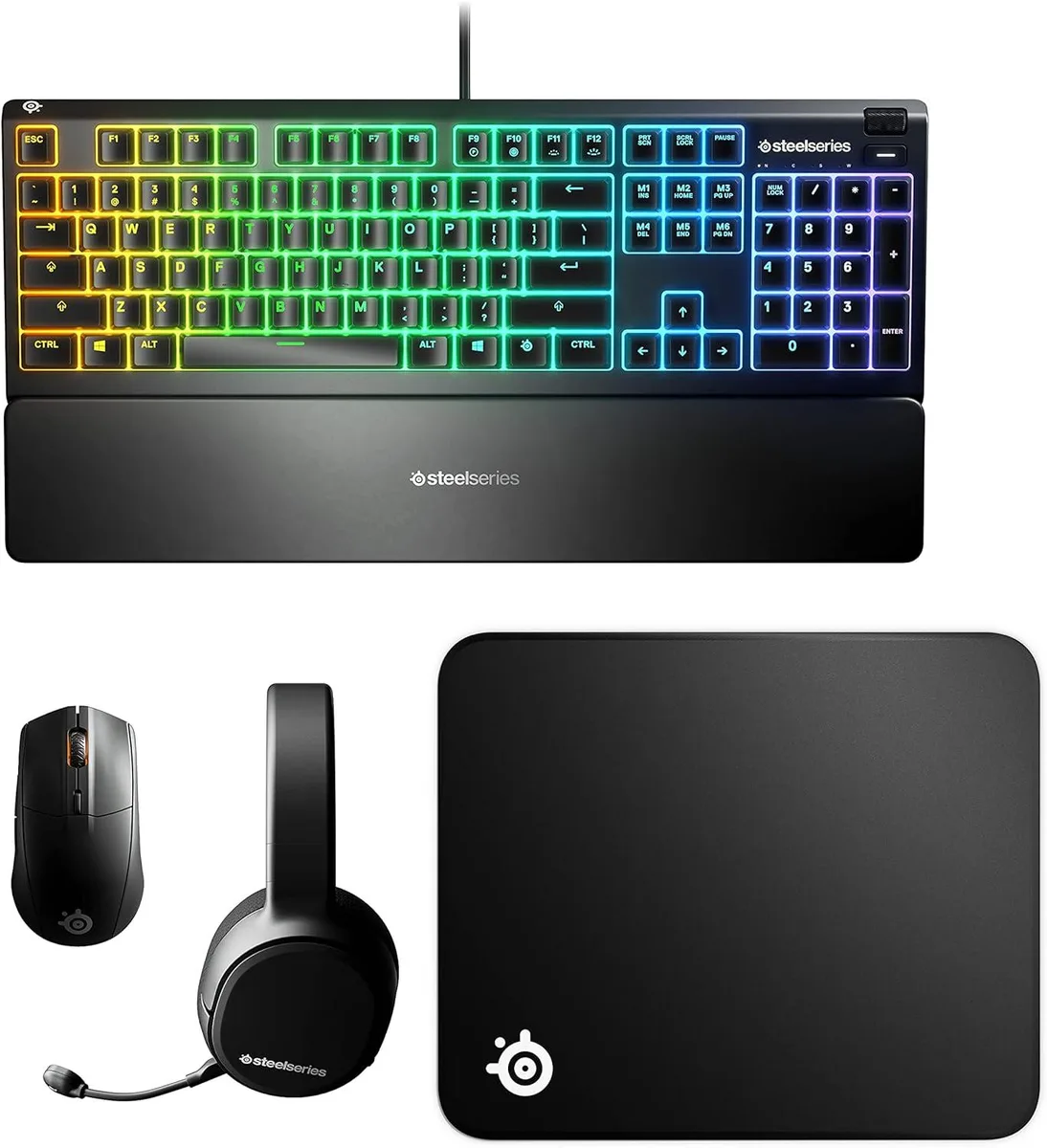 SteelSeries SteelSeries Apex 3 Arctis 1 Wireless Rival 3 Wireless QcK gaming keyboard bundle — product photo