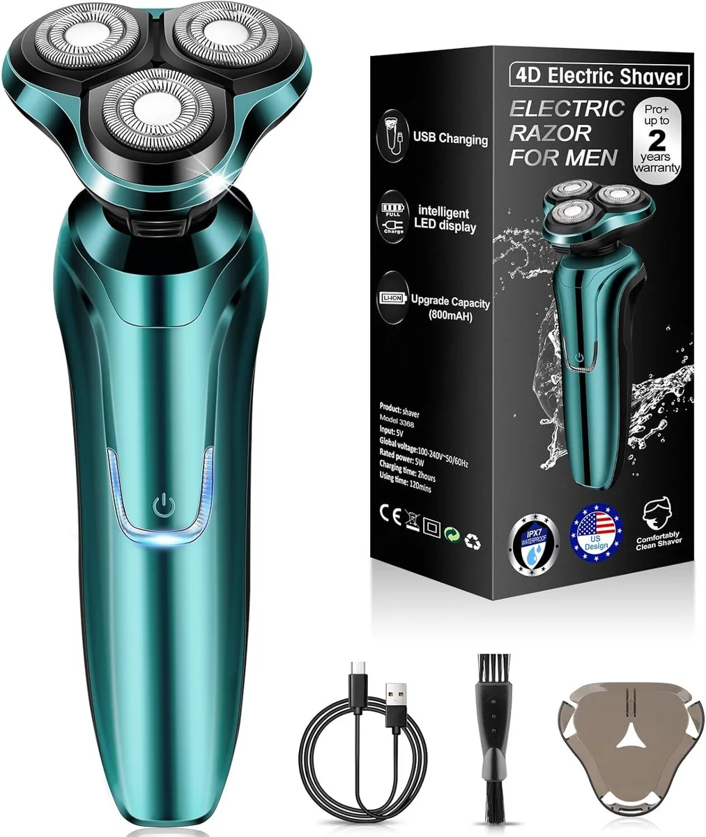 Compact rotary electric shaver with three floating heads and arc blades