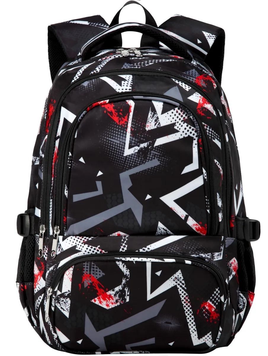 Black polyester laptop backpack with geometric pattern, padded shoulder straps and side mesh pockets