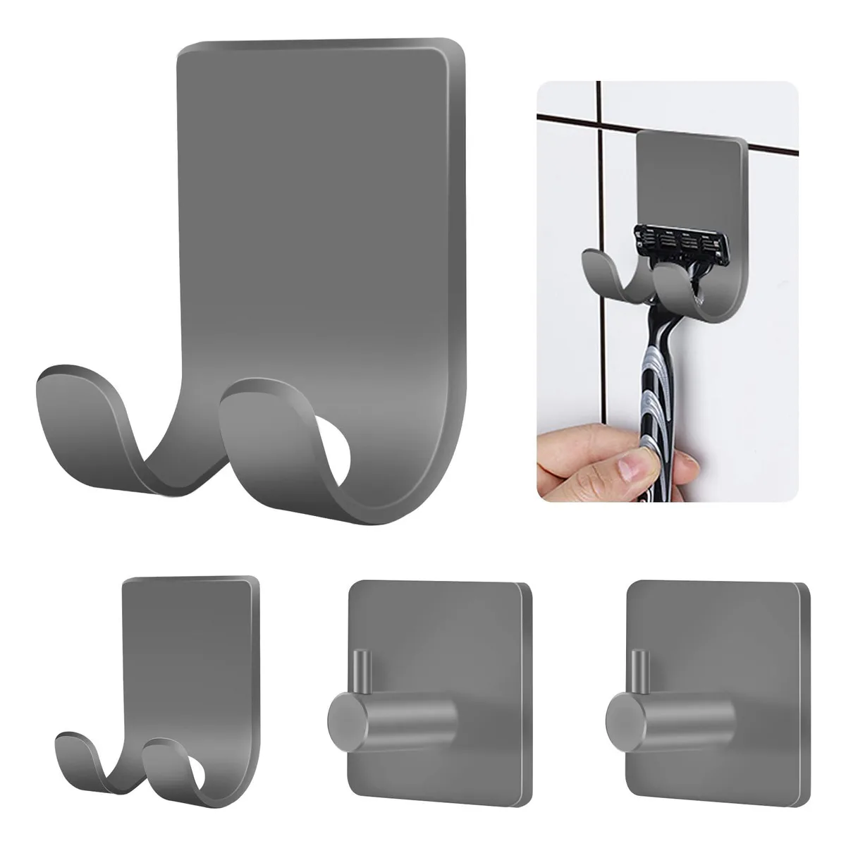 Four grey brushed stainless steel adhesive hooks in a pack