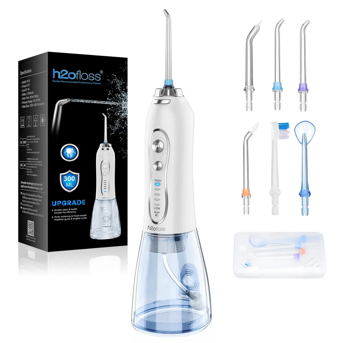 White handheld water flosser with detachable 300ml tank and rotatable nozzle