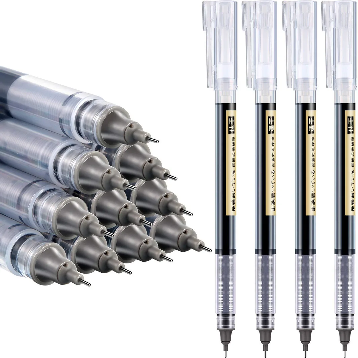 Twelve black rollerball pens with transparent barrels showing ink level 0.5 mm fine point