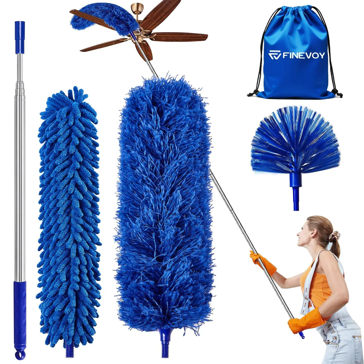 Telescoping pole with microfiber and chenille duster heads, cobweb attachment, storage bag