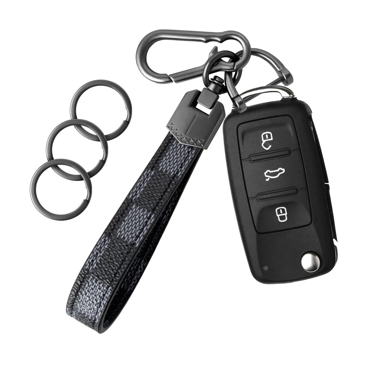 Black grid-pattern leather key chain with carabiner clip and D-ring