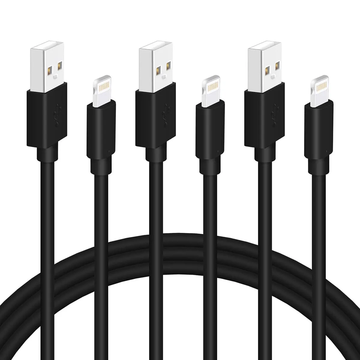 Three black Lightning to USB-A cables coiled together