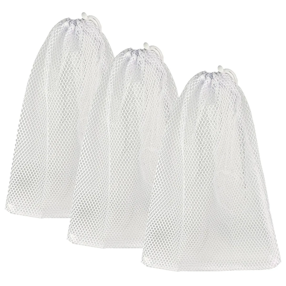 White mesh laundry bag with drawstring, 12 by 18 inches