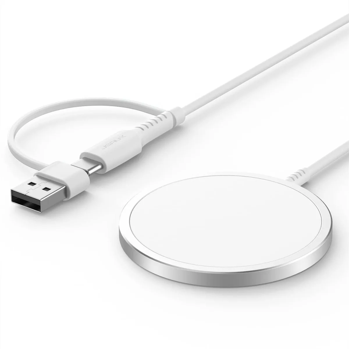 Silver MagSafe wireless charging pad with dual USB ports and integrated cable