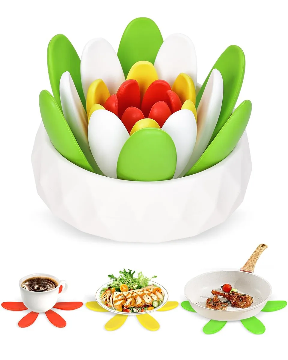 A set of four stackable silicone trivets in a succulent shape, flexible matte finish