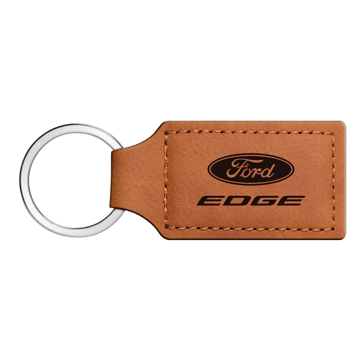 Rectangular brown leather key chain with laser etched Ford Edge logo
