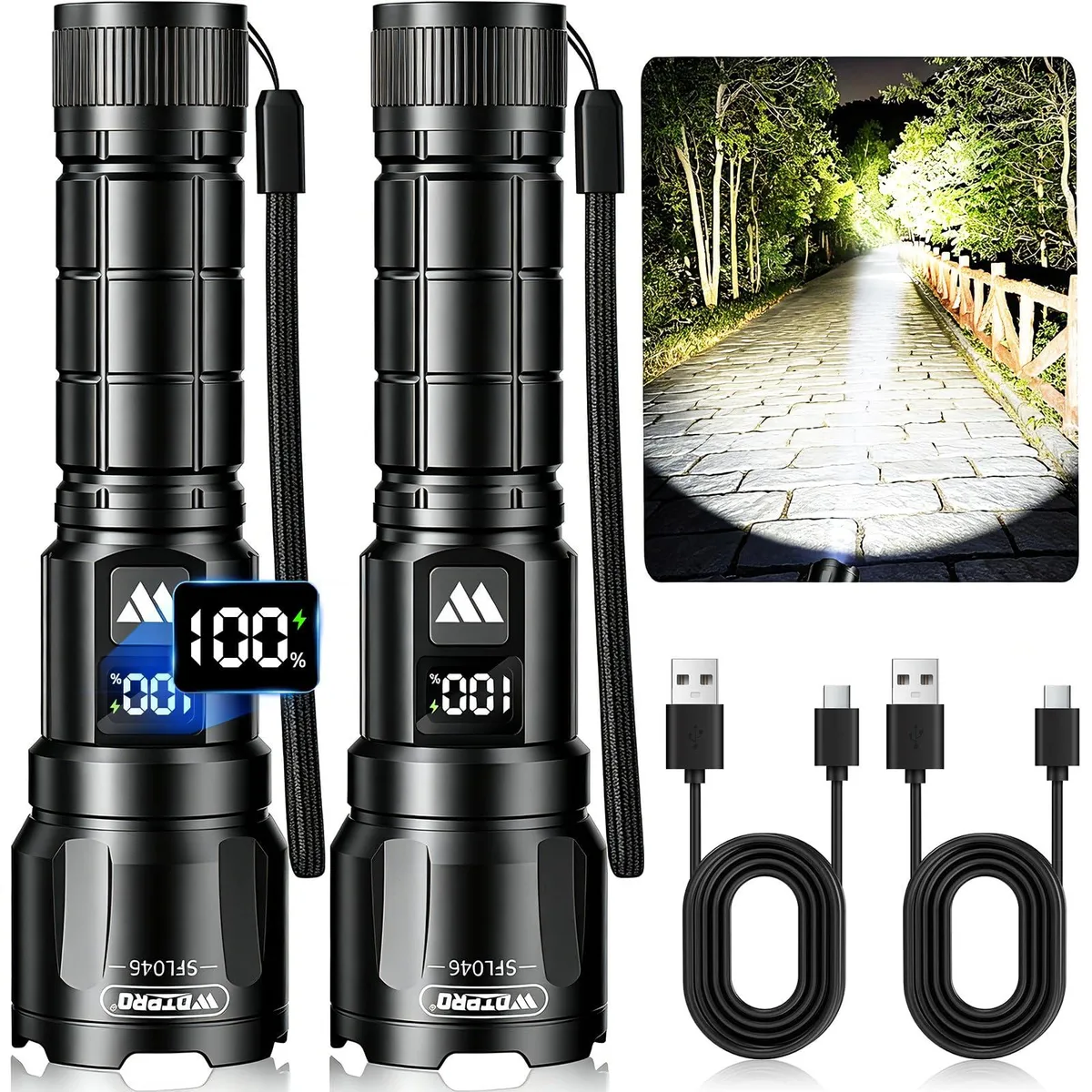 Two cylindrical aluminium flashlights with LCD screens and zoomable heads