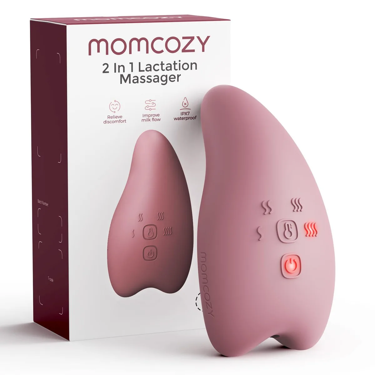 Red silicone lactation massager with curved shape and smooth finish